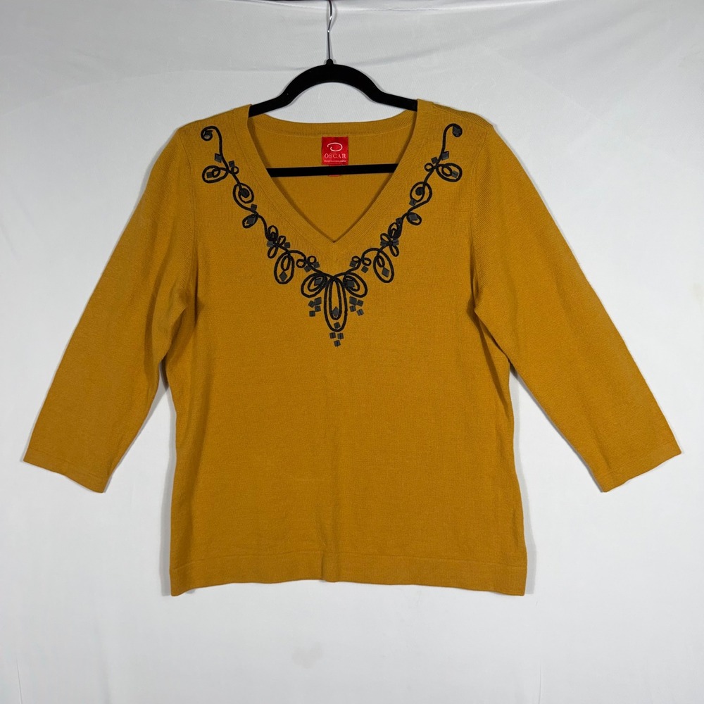 Vtg 90s Y2K Oscar de la Renta Sweater‎ S Gold V-Neck Beaded Embroidered 3/4 NWOT